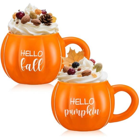 2 Pcs Fall Pumpkin Mugs 17 oz Ceramic Coffee Mugs Thanksgiving Autumn Spice‎ - Picture 1 of 7